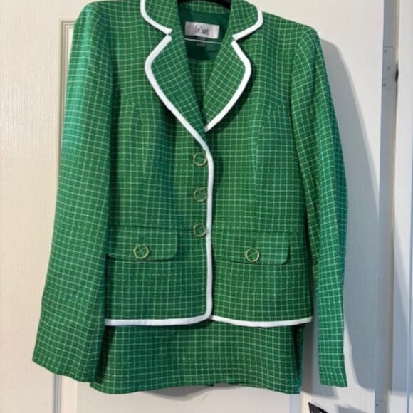 NWT Le Suit Women's Check Print Contrast Trim Skirt Suit SZ 6 Verde/White - Picture 6 of 6